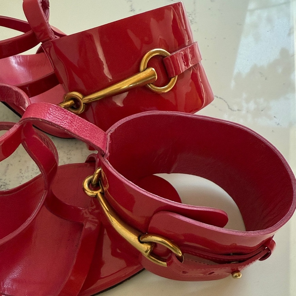 Gucci Ursula Horsebit Ankle Strap Heels Red Patent Leather Size 36.5 - Picture 14 of 17